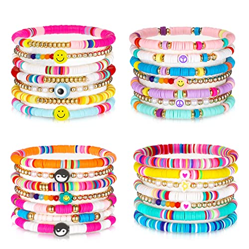 28 Pcs 4 Set Heishi Surfer Bracelets Set Colorful Preppy Smile Evil Eye Beaded Stretch Bracelet Clay Stackable Boho Disc Party Gift Y2k Aesthetic Summer Beach Jewelry for Xmas Halloween (Cute Style)