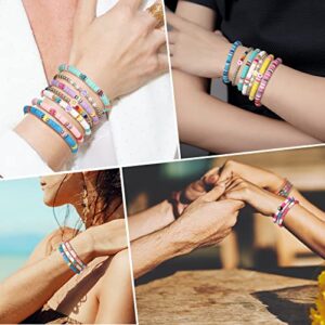 28 Pcs 4 Set Heishi Surfer Bracelets Set Colorful Preppy Smile Evil Eye Beaded Stretch Bracelet Clay Stackable Boho Disc Party Gift Y2k Aesthetic Summer Beach Jewelry for Xmas Halloween (Cute Style)