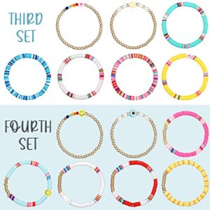 28 Pcs 4 Set Heishi Surfer Bracelets Set Colorful Preppy Smile Evil Eye Beaded Stretch Bracelet Clay Stackable Boho Disc Party Gift Y2k Aesthetic Summer Beach Jewelry for Xmas Halloween (Cute Style)