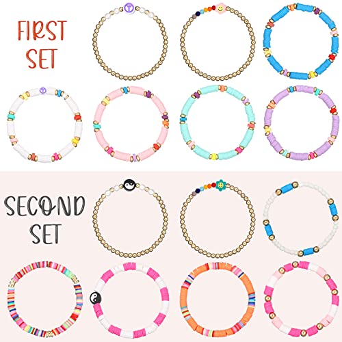 28 Pcs 4 Set Heishi Surfer Bracelets Set Colorful Preppy Smile Evil Eye Beaded Stretch Bracelet Clay Stackable Boho Disc Party Gift Y2k Aesthetic Summer Beach Jewelry for Xmas Halloween (Cute Style)