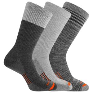 merrell unisex adults mens and women's socks - 3 pair pack half cushion comfort arch support band merino wool work midweight crew, light gray assorted, medium-large us