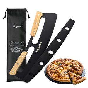 flagood pizza cutter rocker with wooden handles & protective cover, 14inch sharp stainless steel large pizza slicer knife for kitchen tool accessories
