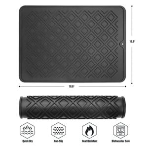 Tuffen Silicone Dish Drying Mat for Kitchen Counter, Heat Resistant Mat, Dish Drying Pad, Easy to Drain and Clean (Black, 12" x 16.8")