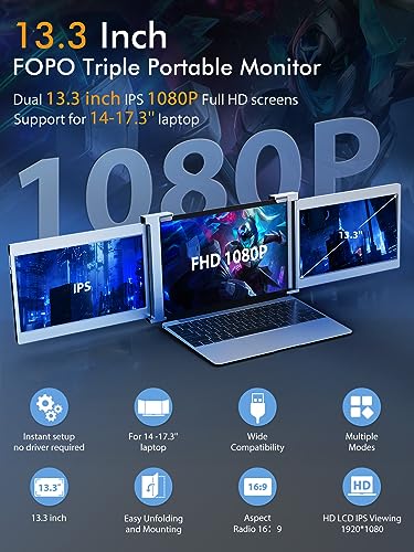 FOPO 13.3" Triple Portable Monitor - 1080P FHD IPS Triple Monitor Laptop Screen Extender for 14"-17.3" Laptops, for Mac/Windows/Switch, HDMI/Type-C Plug & Play (Not for M1 M2 Chip, Chromebook)-S16