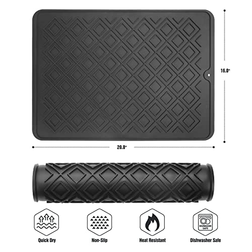 Tuffen Silicone Dish Drying Mat for Kitchen Counter, Heat Resistant Mat, Dish Drying Pad, Easy to Drain and Clean (Black, 16" x 20")