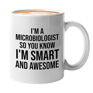 bubble hugs microbiologist mug white 11oz - i'm smart and awesome - lab doctor scientist chemist chemistry solar system science