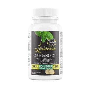 louianna - organic wild oregano oil with vitamin d, liquid softgel capsules with 80 percent carvacrol, supports your bones, immune and gut health, herbal supplements, 120 softgels