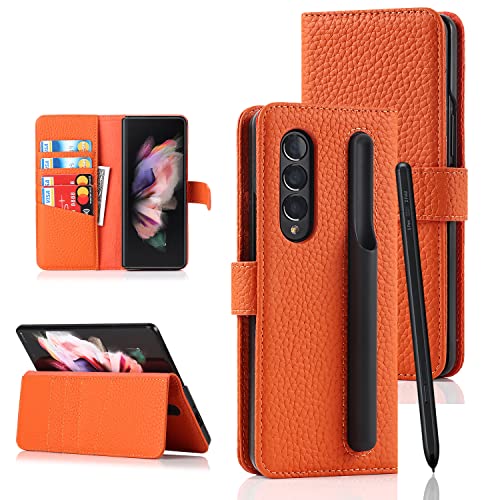 Samsung Galaxy Z Fold 3 Buckle Wallet Case with Detachable S Pen Holder, Ultra Slim Luxury Litchi Grain Genuine Leather Phone Cases Cover with Card Slot Orange