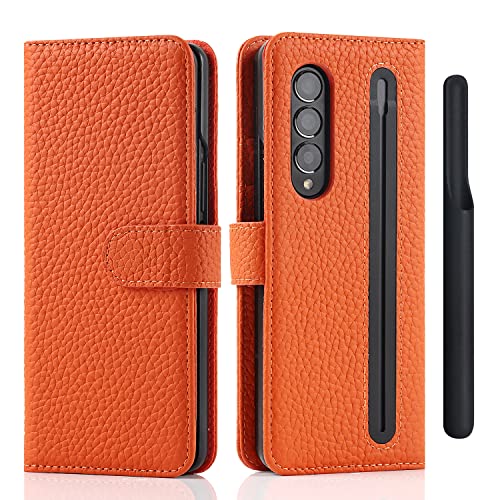 Samsung Galaxy Z Fold 3 Buckle Wallet Case with Detachable S Pen Holder, Ultra Slim Luxury Litchi Grain Genuine Leather Phone Cases Cover with Card Slot Orange