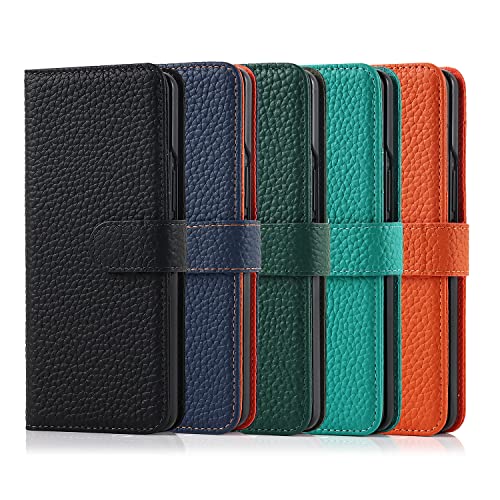 Samsung Galaxy Z Fold 3 Buckle Wallet Case with Detachable S Pen Holder, Ultra Slim Luxury Litchi Grain Genuine Leather Phone Cases Cover with Card Slot Orange