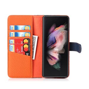 Samsung Galaxy Z Fold 3 Buckle Wallet Case with Detachable S Pen Holder, Ultra Slim Luxury Litchi Grain Genuine Leather Phone Cases Cover with Card Slot Orange