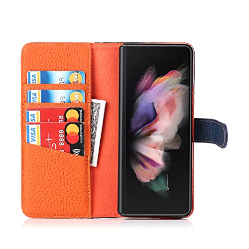 Samsung Galaxy Z Fold 3 Buckle Wallet Case with Detachable S Pen Holder, Ultra Slim Luxury Litchi Grain Genuine Leather Phone Cases Cover with Card Slot Orange