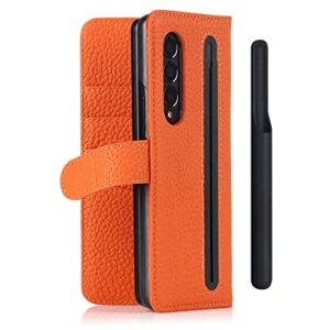 Samsung Galaxy Z Fold 3 Buckle Wallet Case with Detachable S Pen Holder, Ultra Slim Luxury Litchi Grain Genuine Leather Phone Cases Cover with Card Slot Orange