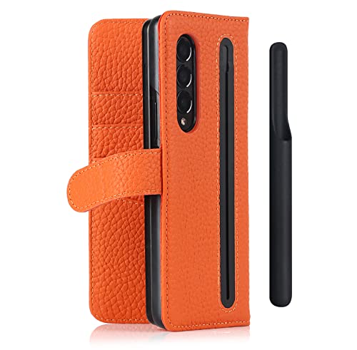 Samsung Galaxy Z Fold 3 Buckle Wallet Case with Detachable S Pen Holder, Ultra Slim Luxury Litchi Grain Genuine Leather Phone Cases Cover with Card Slot Orange