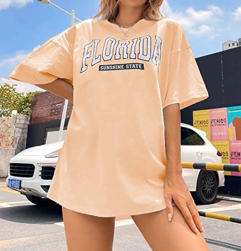 MISSACTIVER Women Florida Letter Graphic Print Tee Shirt Oversized Short Sleeve Crew Neck Drop Shoulder Casual T-Shirt Tops Apricot