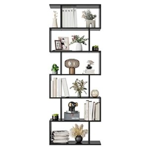 fotosok 6 tier bookcase, s-shaped black bookshelf,tall bookcase freestanding display shelf for bedroom, living room, home office