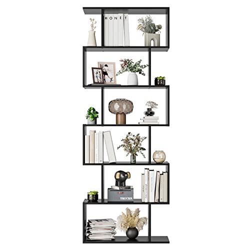 FOTOSOK 6 Tier Bookcase, S-Shaped Black Bookshelf,Tall Bookcase Freestanding Display Shelf for Bedroom, Living Room, Home Office