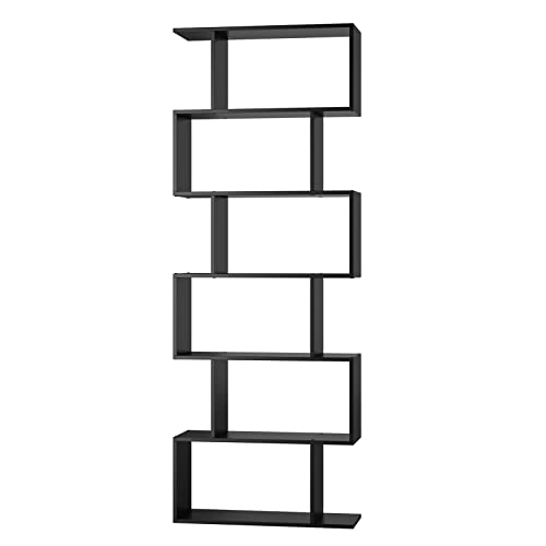 FOTOSOK 6 Tier Bookcase, S-Shaped Black Bookshelf,Tall Bookcase Freestanding Display Shelf for Bedroom, Living Room, Home Office