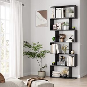 FOTOSOK 6 Tier Bookcase, S-Shaped Black Bookshelf,Tall Bookcase Freestanding Display Shelf for Bedroom, Living Room, Home Office