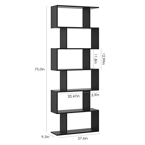 FOTOSOK 6 Tier Bookcase, S-Shaped Black Bookshelf,Tall Bookcase Freestanding Display Shelf for Bedroom, Living Room, Home Office