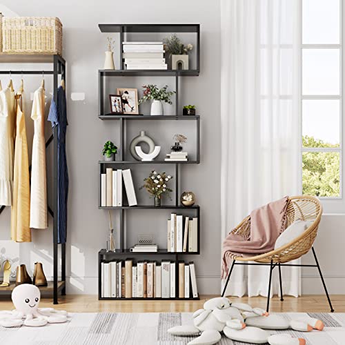 FOTOSOK 6 Tier Bookcase, S-Shaped Black Bookshelf,Tall Bookcase Freestanding Display Shelf for Bedroom, Living Room, Home Office