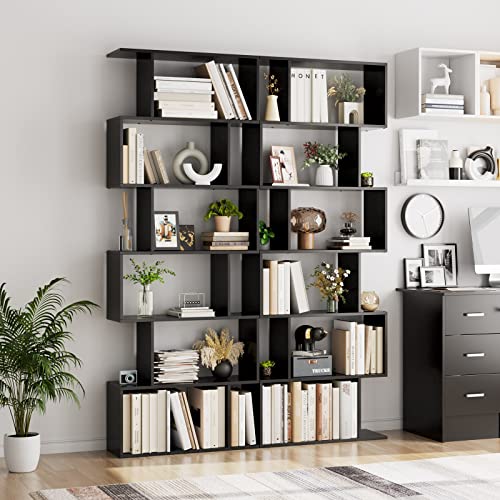 FOTOSOK 6 Tier Bookcase, S-Shaped Black Bookshelf,Tall Bookcase Freestanding Display Shelf for Bedroom, Living Room, Home Office