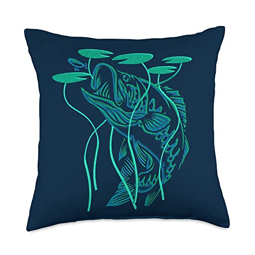 Bass Fishing Bass Rising Lilly Pad Largemouth Bass Bluegreen Throw Pillow, 18x18, Multicolor