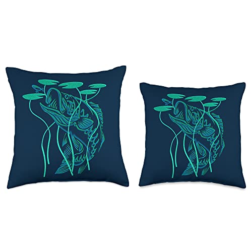 Bass Fishing Bass Rising Lilly Pad Largemouth Bass Bluegreen Throw Pillow, 18x18, Multicolor