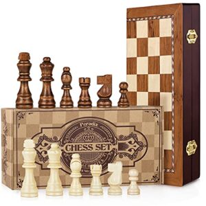 peradix chess set | magnetic wooden chess board piece set games | 13.8" folding chessboard for storage | 2 extra queen | strategy educational games for kids and adult