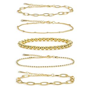 KesaPlan Gold Bracelets Set for Women Adjustable 14K Gold Plated Dainty Beaded Paperclip Link Bracelet Set for Teen Girls