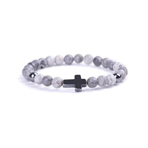 softones 6mm cross beaded bracelet for girls women natural stone stretch link prayer bracelet for boy girls,7.1"