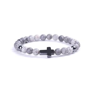 Softones 6mm Cross Beaded Bracelet for Girls Women Natural Stone Stretch Link Prayer Bracelet for Boy Girls,7.1"