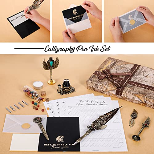 Quill Pen Ink Set,Feather Calligraphy Pen and Ink Set,with Seal Stamp,Wax Seal Stamp Kit, Calligraphy Copybook,Beginner Calligraphy Pen Quill Pen,Gift Selection Calligraphy Pen Set