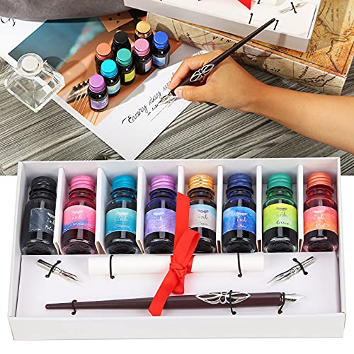 Bewinner Ink Glass Dip Pen Set, Wooden Calligraphy Ink Pen, 8-Color Ink Pen Gift Box Packaging with Replaceable Nib