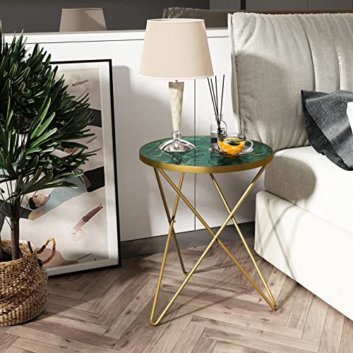 Modern Round Side Table, End Table with Marble Effect Top and Gold Metal Frame, Small Side Table for Living Room, Bedroom, Sofa and Couch, Gold Legs, Green Marble top