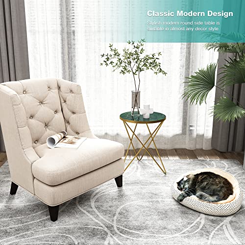 Modern Round Side Table, End Table with Marble Effect Top and Gold Metal Frame, Small Side Table for Living Room, Bedroom, Sofa and Couch, Gold Legs, Green Marble top