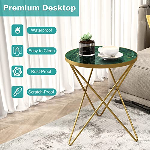 Modern Round Side Table, End Table with Marble Effect Top and Gold Metal Frame, Small Side Table for Living Room, Bedroom, Sofa and Couch, Gold Legs, Green Marble top