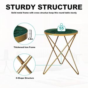 Modern Round Side Table, End Table with Marble Effect Top and Gold Metal Frame, Small Side Table for Living Room, Bedroom, Sofa and Couch, Gold Legs, Green Marble top