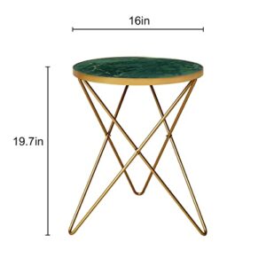 Modern Round Side Table, End Table with Marble Effect Top and Gold Metal Frame, Small Side Table for Living Room, Bedroom, Sofa and Couch, Gold Legs, Green Marble top