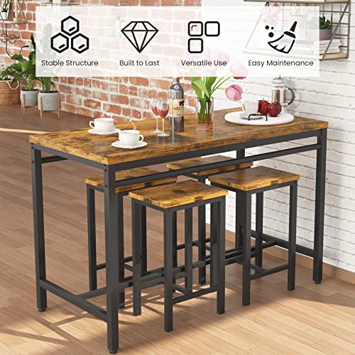 Lamerge Dining Bar Table Set for 4, Modern Counter Height Table and 4 Bar Stools, 5 Piece Bar Table and Chairs Set for Small Spaces, Apartment, Pub, Dining Room, Kitchen (Rustic Brown)