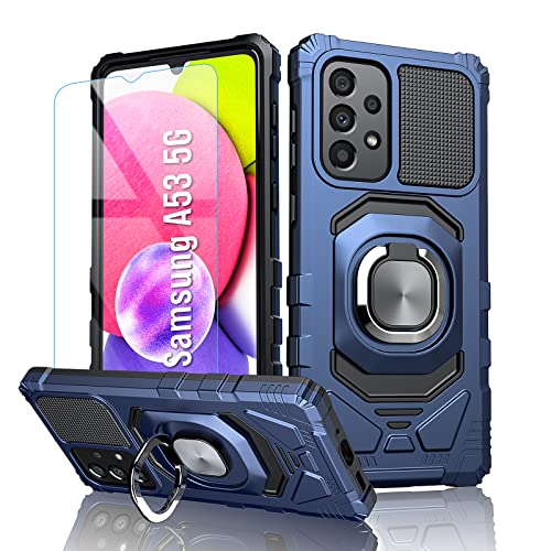 for Samsung Galaxy A53 5G | A53 5G UW Case: with Tempered Screen Protector & Built in 360° Adjustable Ring Kickstand Shockproof Protection TPU Bumper Armor Phone Cover for Samsung A53 - Blue