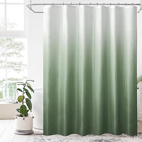 BBiggood Sage Green Shower Curtain with Hook, Ombre Waffle Weave Fabric, Green and White Gradient Fabric Bathroom Decor Shower Set, Washable, 72"x72"