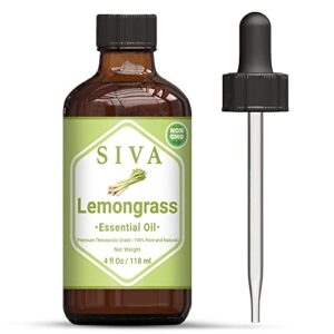 siva lemongrass essential oil 4 fl oz with premium glass dropper– 100% pure, natural, undiluted & therapeutic grade, great for skincare, scalp & hair care, aromatherapy, diffuser, soaps & candles