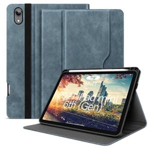 ipad mini 6th generation case 2021 with pencil holder front pocket strap soft back smart cover for ipad mini 6 pu leather folio stand, supports pencil 2 charging, auto sleep/wake
