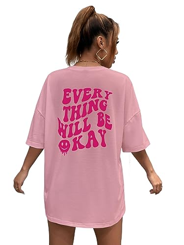 SOLY HUX Women's Oversized T Shirts Graphic Tees Letter Print Casual Summer Tops Dusty Pink S