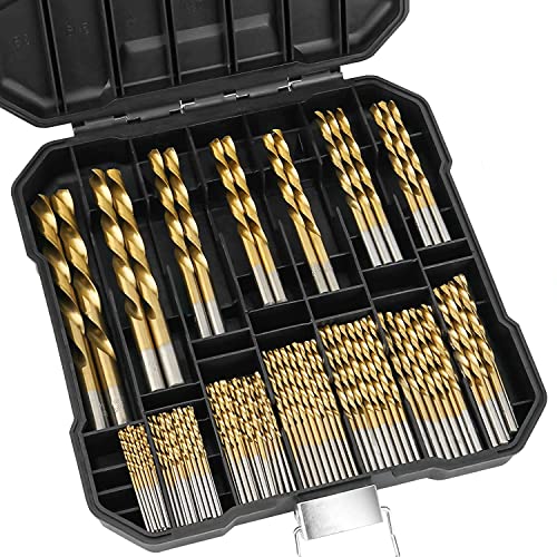 99 Pcs Titanium Coated Twist Drill Bit Set, 4241 HSS 135° Tip Metric Drill Bits Size from 1.5-10mm for Metalworking, Woodworking, Plastic Hole Drilling