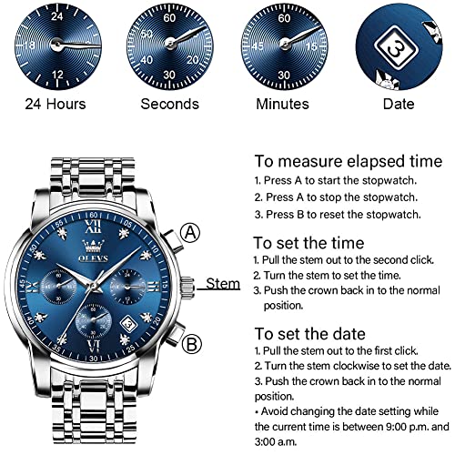 Men's Diamond Watches Blue Dial Roman numerals Chronograph Watches for Men Stainless Steel Band Fashion Luminous Hands Multi-Function Quartz Watches Water Resistant Silver Tone Men Watch with Date