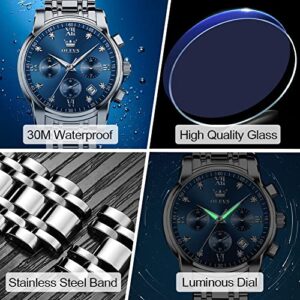 Men's Diamond Watches Blue Dial Roman numerals Chronograph Watches for Men Stainless Steel Band Fashion Luminous Hands Multi-Function Quartz Watches Water Resistant Silver Tone Men Watch with Date