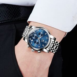 Men's Diamond Watches Blue Dial Roman numerals Chronograph Watches for Men Stainless Steel Band Fashion Luminous Hands Multi-Function Quartz Watches Water Resistant Silver Tone Men Watch with Date