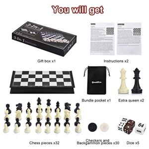 QuadPro 3 in 1 Magnetic Chess Checkers Backgammon Board Game Set with Folding Board Travel Games for Kids and Adults (Chess: Black & White)